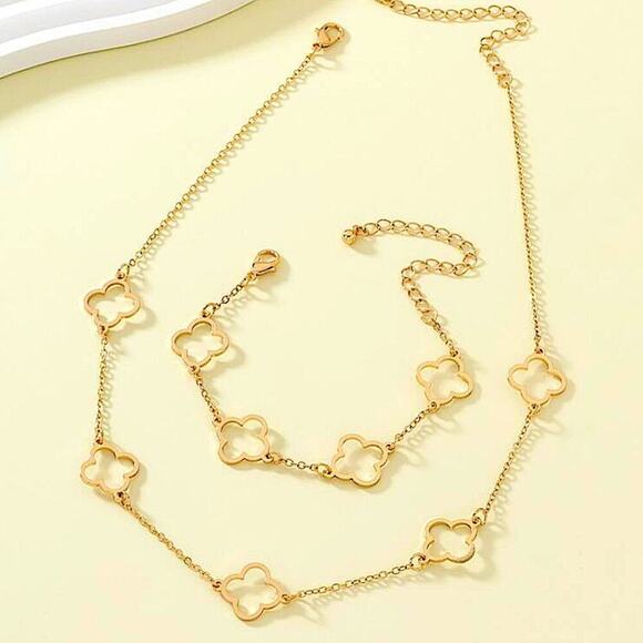 Gold Four Leaf Hollow Out Necklace Bracelet Matching Set - Picture 3 of 5